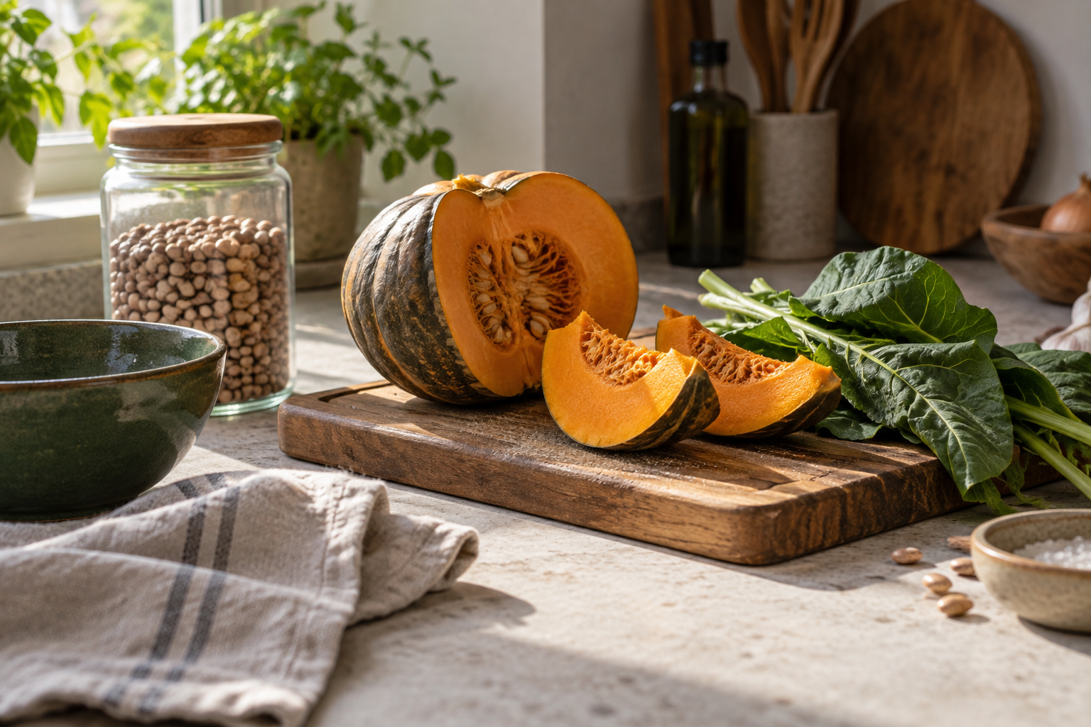 Imagem conceitual gerada por IA: abóbora, folhas e ingredientes na bancada.